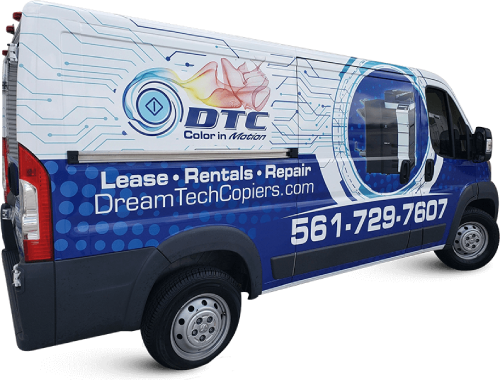 A blue and white van with the words " dtc color in action ".